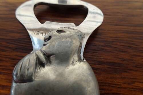 Unusual Carrol Boyes (1954 - 2019) Pewter and Stainless Steel Bottle Opener - Man Figure