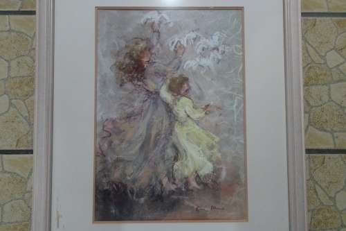 Large Mixed Media on Handmade Paper Framed Artwork of Woman and Child with Doves. Signed.
