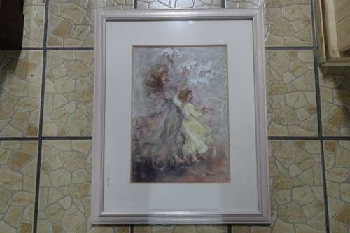 Large Mixed Media on Handmade Paper Framed Artwork of Woman and Child with Doves. Signed.