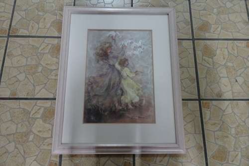 Large Mixed Media on Handmade Paper Framed Artwork of Woman and Child with Doves. Signed.