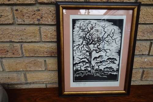 Lovely South African Gregoire Boonzaier (1909 - 2005) "Bushveld" Linocut (1978) Signed in Pencil