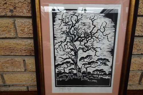 Lovely South African Gregoire Boonzaier (1909 - 2005) "Bushveld" Linocut (1978) Signed in Pencil