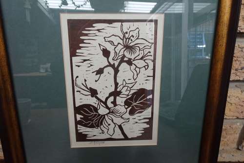 Lovely South African Gregoire Boonzaier (1909 - 2005) "Apple Blossoms" Linocut. Signed in Pencil