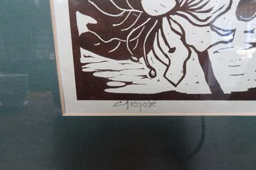 Lovely South African Gregoire Boonzaier (1909 - 2005) "Apple Blossoms" Linocut. Signed in Pencil