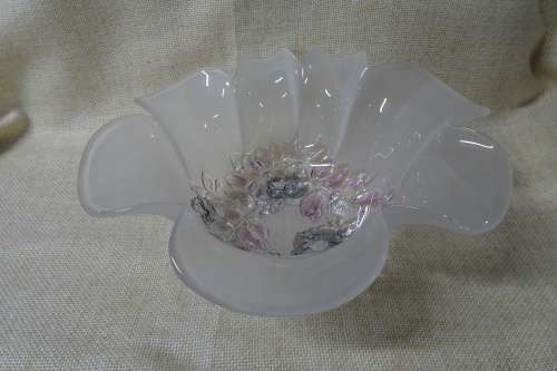 Stunning White Frosted Glass Floral Ruffled Large Bowl with Embossed Flowers