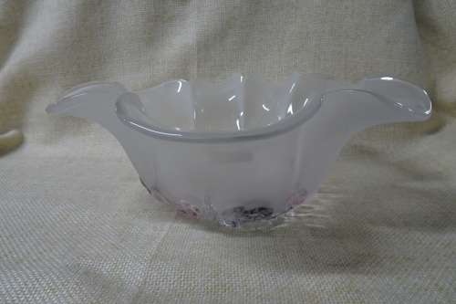 Stunning White Frosted Glass Floral Ruffled Large Bowl with Embossed Flowers