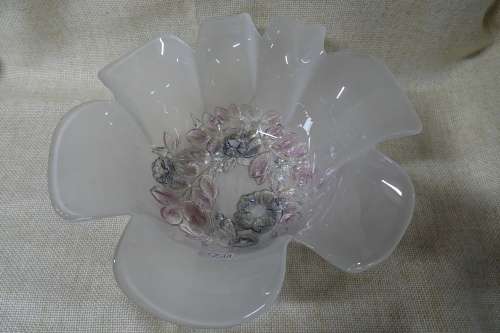 Stunning White Frosted Glass Floral Ruffled Large Bowl with Embossed Flowers