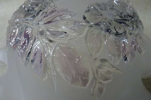 Stunning White Frosted Glass Floral Ruffled Large Bowl with Embossed Flowers