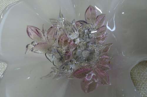 Stunning White Frosted Glass Floral Ruffled Double Dish Bowl With Floral Pattern