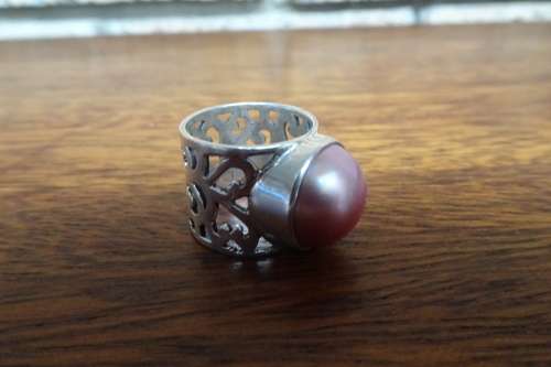 Awesome Wide Floral Band Sterling Silver Dome Ring With Pink Mabe Pearl 8.0 g Diameter 12 mm
