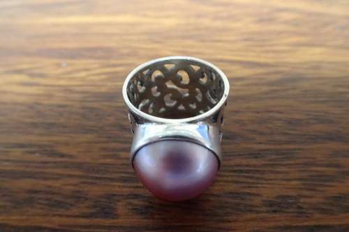 Awesome Wide Floral Band Sterling Silver Dome Ring With Pink Mabe Pearl 8.0 g Diameter 12 mm