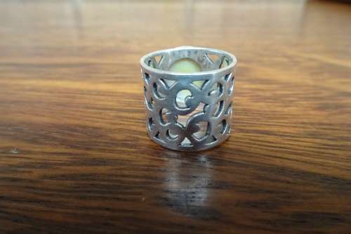 Awesome Wide Floral Band Sterling Silver Dome Ring With Pink Mabe Pearl 8.0 g Diameter 12 mm