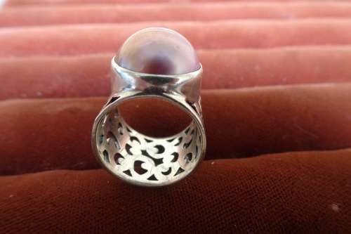 Awesome Wide Floral Band Sterling Silver Dome Ring With Pink Mabe Pearl 8.0 g Diameter 12 mm