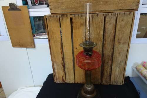 Gorgeous Tall Lambworks Cranberry Red Mantle Oil Lamp. COURIER ONLY