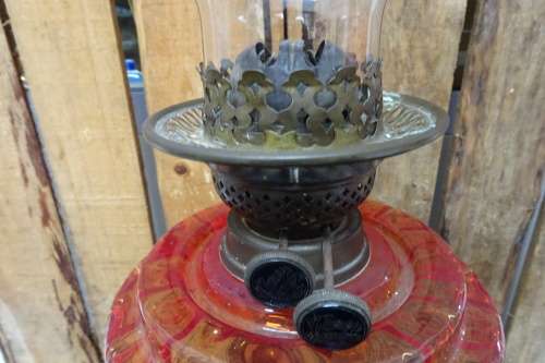 Gorgeous Tall Lambworks Cranberry Red Mantle Oil Lamp. COURIER ONLY