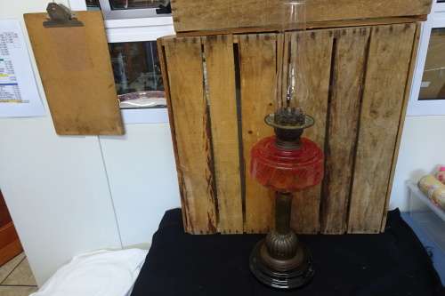 Gorgeous Tall Lambworks Cranberry Red Mantle Oil Lamp. COURIER ONLY