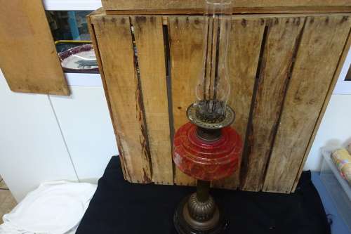 Gorgeous Tall Lambworks Cranberry Red Mantle Oil Lamp. COURIER ONLY