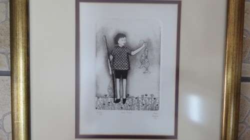 Exquisite South African Artist Anine Barnard 1992 Black and White Etching `Gone Fishing`. Signed.