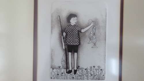 Exquisite South African Artist Anine Barnard 1992 Black and White Etching `Gone Fishing`. Signed.