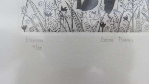 Exquisite South African Artist Anine Barnard 1992 Black and White Etching `Gone Fishing`. Signed.