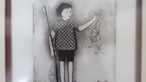 Exquisite South African Artist Anine Barnard 1992 Black and White Etching `Gone Fishing`. Signed.