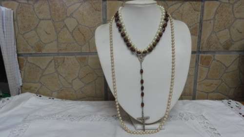 Three Vintage Beaded Necklaces - Long Peach (40cm), Short Cream (20cm), Rosary (90cm).