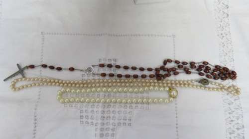 Three Vintage Beaded Necklaces - Long Peach (40cm), Short Cream (20cm), Rosary (90cm).