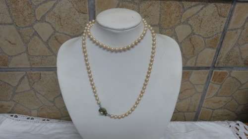 Three Vintage Beaded Necklaces - Long Peach (40cm), Short Cream (20cm), Rosary (90cm).