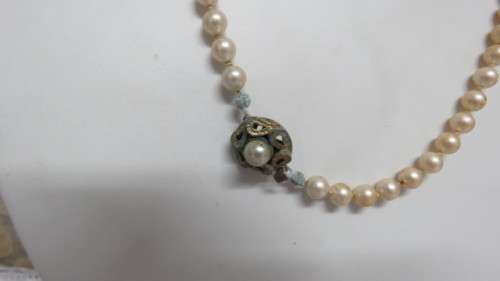 Three Vintage Beaded Necklaces - Long Peach (40cm), Short Cream (20cm), Rosary (90cm).