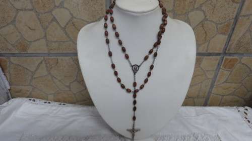 Three Vintage Beaded Necklaces - Long Peach (40cm), Short Cream (20cm), Rosary (90cm).
