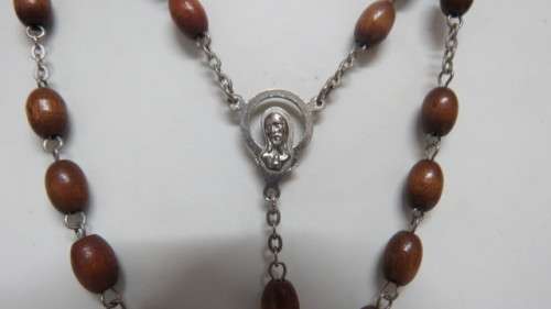 Three Vintage Beaded Necklaces - Long Peach (40cm), Short Cream (20cm), Rosary (90cm).