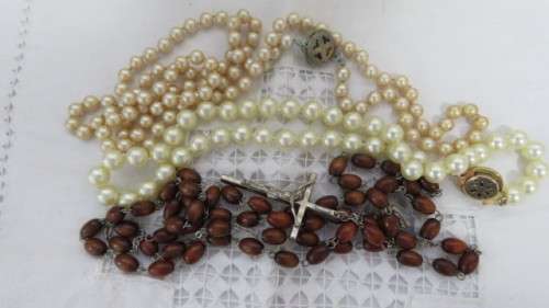 Three Vintage Beaded Necklaces - Long Peach (40cm), Short Cream (20cm), Rosary (90cm).