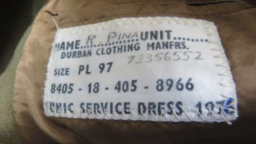 SADF 2nd Lieutenant Artillery Regiment Uniform. Jacket, Tie, Shirt, Pants, Belt. Excellent Condition