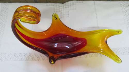 Lovely Vintage Murano-Like Amber/Red Glass Centrepiece  28 x 14,5 cm