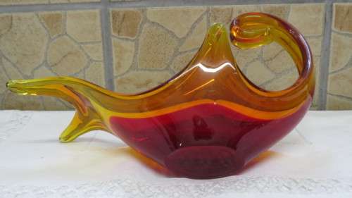 Lovely Vintage Murano-Like Amber/Red Glass Centrepiece  28 x 14,5 cm