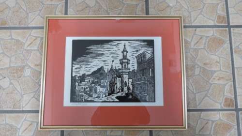 S.A. Artist Gregoire Boonzaaier (1909-2005) Framed `Bo-Kaap With Mosque` 1978 Linocut. Signed
