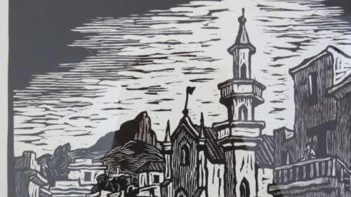 S.A. Artist Gregoire Boonzaaier (1909-2005) Framed `Bo-Kaap With Mosque` 1978 Linocut. Signed