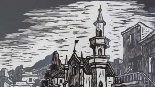 S.A. Artist Gregoire Boonzaaier (1909-2005) Framed `Bo-Kaap With Mosque` 1978 Linocut. Signed