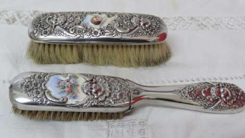 Beautiful Antique Silverbacked Clothes Brush/ Hair Brush Enamel Decoration. Details in Description