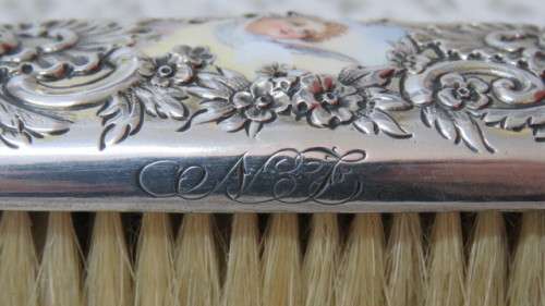 Beautiful Antique Silverbacked Clothes Brush/ Hair Brush Enamel Decoration. Details in Description