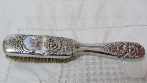 Beautiful Antique Silverbacked Clothes Brush/ Hair Brush Enamel Decoration. Details in Description