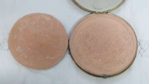 Pretty Vintage Gold Metal and Cream Dancing Lady With Basket Round Powder Compact D: 10 cm