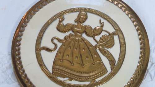 Pretty Vintage Gold Metal and Cream Dancing Lady With Basket Round Powder Compact D: 10 cm