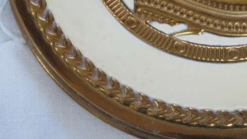 Pretty Vintage Gold Metal and Cream Dancing Lady With Basket Round Powder Compact D: 10 cm