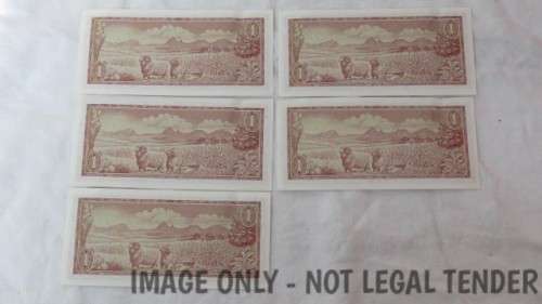 Five Republic of South Africa One Rand Notes in Sequence TW de Jongh (B327) BIDDING PER NOTE