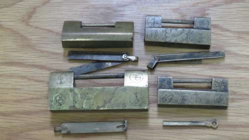Four Vintage Brass Chinese Locks With Keys. SOLD AS IS.