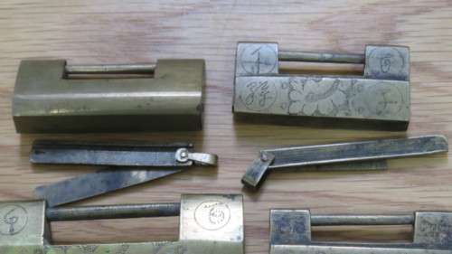 Four Vintage Brass Chinese Locks With Keys. SOLD AS IS.