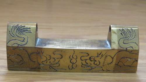 Beautiful Vintage Brass Engraved Chinese Lock With Keys L: 8,5 cm