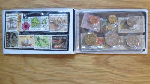 Singapore and Malaysia Uncirculated Coin and Stamp Set in Plastic Wallet Details in Description