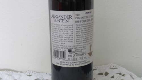 Sealed 750ml Bottle of Coastal Region Alexander Fontein 2008 Cabernet Sauvignon